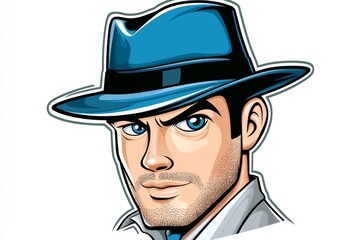 a 2D cartoon illustration of a man wearing a stylish fedora hat, retro and cool, white background