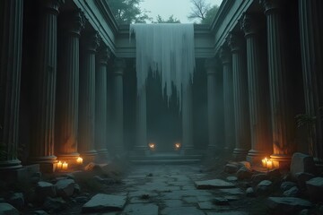 Obraz premium An abandoned temple with its veil torn in half, the ruins dimly lit by flickering candles.