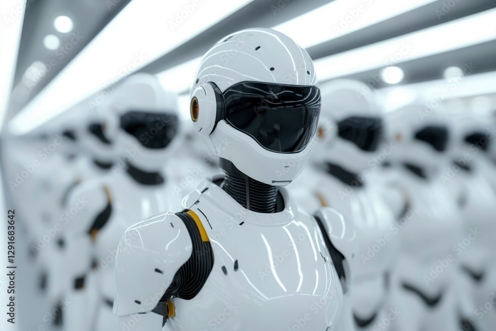 Poster robots line up in futuristic factory