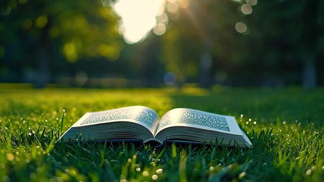 Open book on grass in park at sunrise