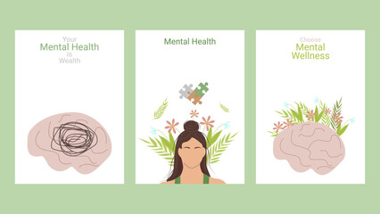 Mental health awareness month layout set poster. Psychological and emotional well-being high degree of self awareness. Vector illustration.