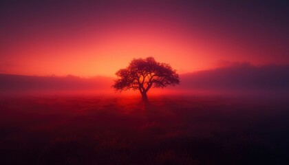 Naklejka premium Lonely tree at sunset, foggy field, peaceful landscape, nature background