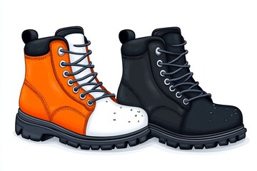 a 2D cartoon illustration of a pair of boots with a stylish design, cool and trendy, white background
