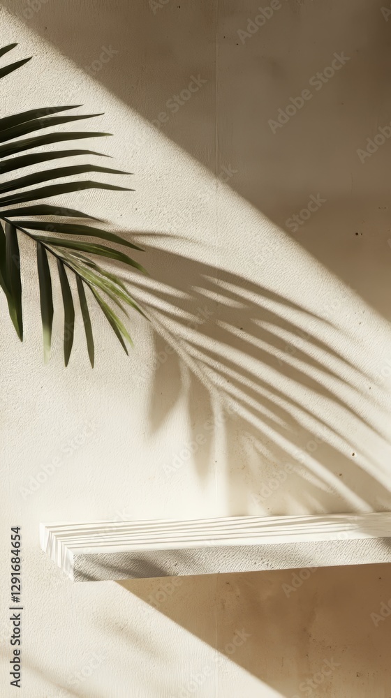 Poster shadows of palm leaves create a serene and artistic display on a textured wall during the golden hou