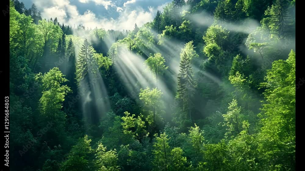 Poster sunlight streaming through lush green forest trees creating a serene atmosphere