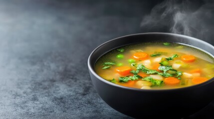 Steamy Bowl of Vegetable Soup on Dark Background with Fresh Herbs