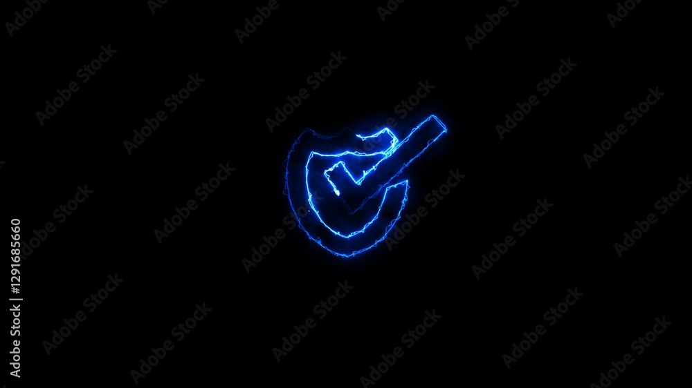 Poster abstract glowing neon line check mark icon.virus protection approved. check mark neon animation on t