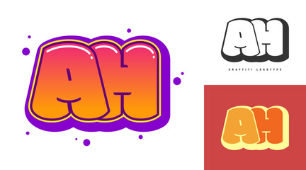AH logo design for festival or party. Initial letter a and h in graffiti style. Creative modern lettering company name of font typography. Kids trendy logotype or identity.