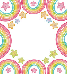 Invitation frame with watercolor stars and rainbow, empty space for text. Pastel borders for baby shower, birthday, gender party, wedding, greeting, nursery decor,  lgbt design