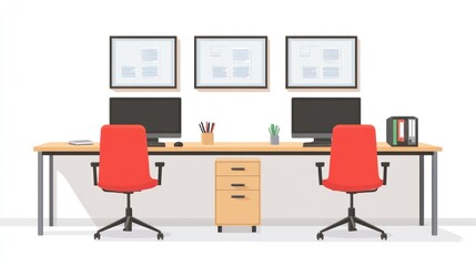 Modern office workspace, two desks, computers