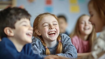 Obraz premium Joyful Children Laughing Together in Classroom