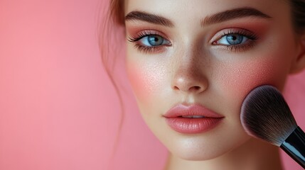 Makeup artist applying blush on model's face with brush for perfect look