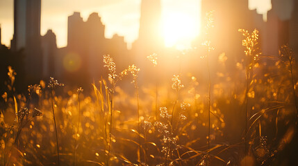 In the foreground, there is an old urban garden with tall grasses and plants in full bloom
