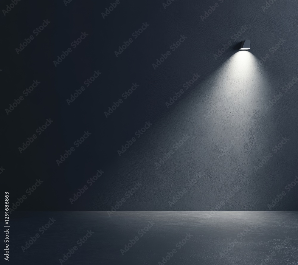 Poster light illuminates a dark, minimalist space highlighting the contrast between shadow and brightness c