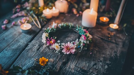Floral Crown on Rustic Table, Candles, Dusk