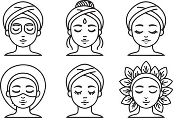 Woman beauty mask line art vector icons set, female salon beauty editable stroke outline illustration. Isolated on a white background.