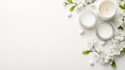 Spring skincare products and blossoms
