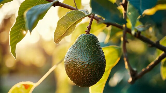 Avocado ripening in sunlight on tree branch during golden hour, Closeup of avocado hanging from tree branch in sunlight