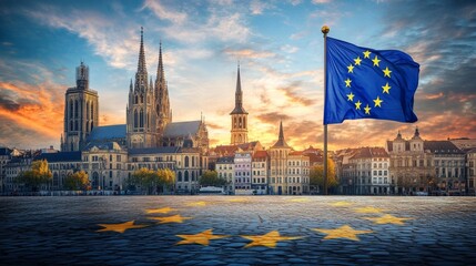 City Skyline With European Union Flag Waving Over Famous Landmarks During the Day With Clouds and Reflections on the Water