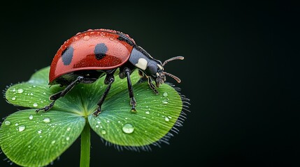 Fototapeta premium Ladybug adventure on a dewy leaf in nature's garden close-up perspective vibrant colors