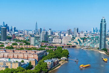 Naklejka premium An aerial view east from Battersea power station roof down the river Thames, London, UK in summertime