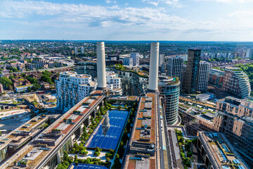 An aerial view south along  the roof of Battersea power station, London, UK in summertime

