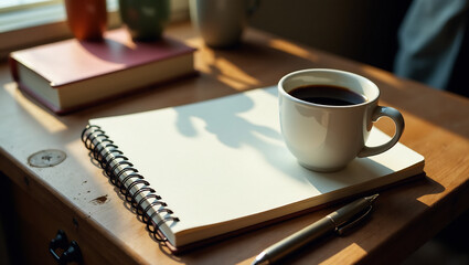 Coffee Cup and Notebook, Rustic Wooden Desk (16:9)