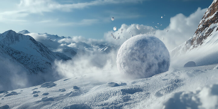 Giant snowball rolling down snowy mountain slope in winter wonderland