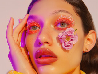 Obraz premium A close-up portrait of a model with pink floral eye makeup and delicate pink flowers on her cheek. High-fashion beauty concept with a soft, dreamy aesthetic.