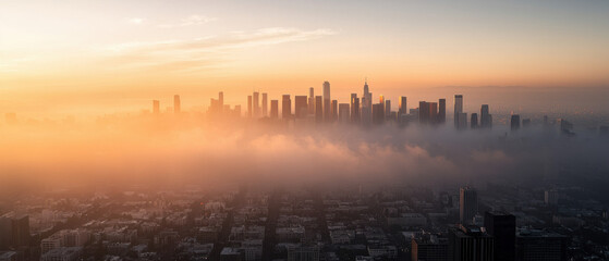 Obraz premium PM 2.5 air pollution health risk. City skyline shrouded in fog at sunrise, creating a dramatic atmosphere.