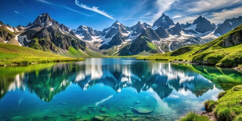 Fototapeta premium Serene mountain lake reflecting majestic peaks under a vibrant sky