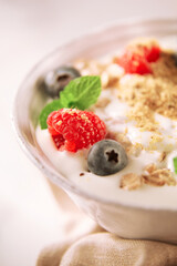 Muesli mit Obst in weisser Schale und Minzeblaettern, Obst, Frühstück, close up, 
