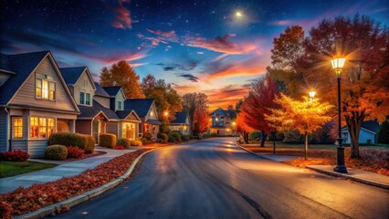 Autumnal Evening on a Residential Street with Illuminated Houses and Colorful Foliage