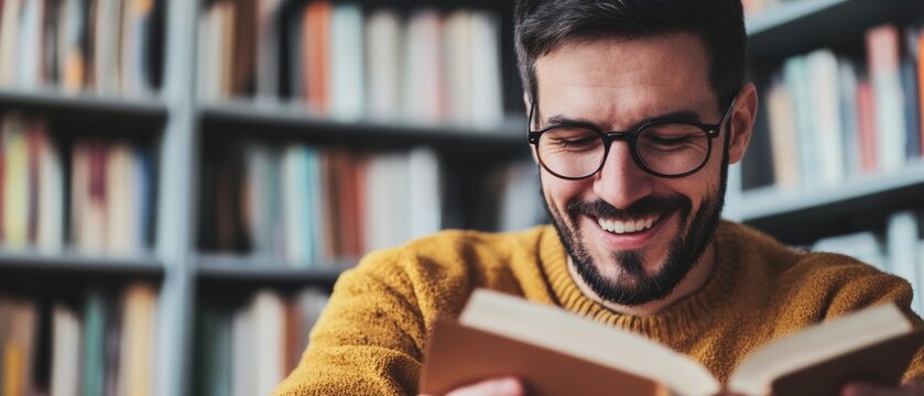 A man in glasses joyfully reads a book in a cozy library, surrounded by shelves of colorful books, capturing the pleasure of reading.