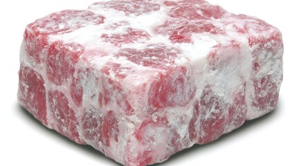 Frozen Meat Block With Distinct Cubes in Pink and White Colors on a Plain Background