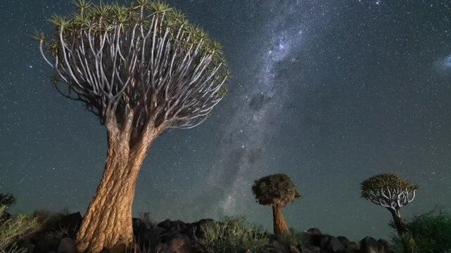 Majestic quiver trees under a starry night sky with breathtaking milky way