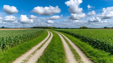 Scenic Country Lane Between Lush Green Fields and Blue Sky
