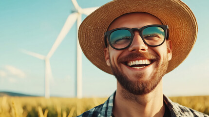 Cheerful farmer wearing sunglasses and straw hat, laughing amid wheat field and wind turbines, representing sustainable agricultural practices
