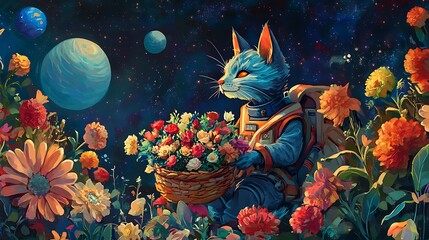 Cosmic Cat Astronaut with Flowers: A Vibrant Digital Painting AI Generated