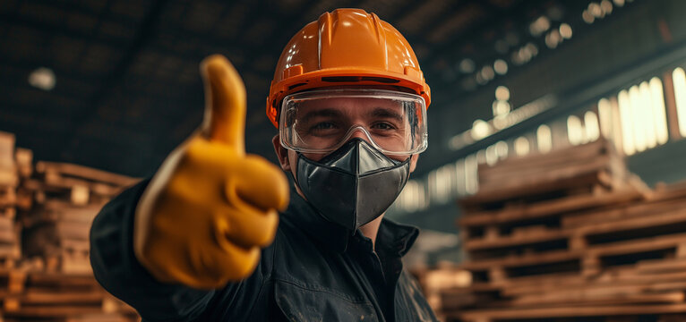 male worker in protective gear gives thumbs up in warehouse, showcasing safety and positivity. environment is filled with wooden pallets, emphasizing busy industrial setting