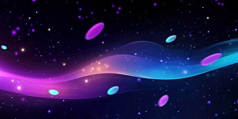 Digital art of cosmic light streams in blue and purple, abstract flowing energy waves with celestial elements