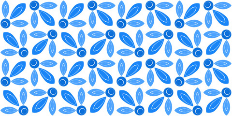 Blue mosaic tile seamless pattern. Shades of blue flowers on white background. Folklore plant background of square elements. Ornament for wallpaper, textile, web design, etc.