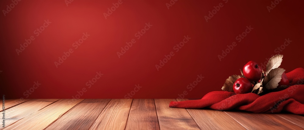 Poster rich red background complemented by a rustic wooden table creating a warm and inviting atmosphere fo