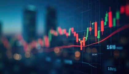 Closeup financial chart with uptrend line candlestick graph in stock market on blue color monitor background