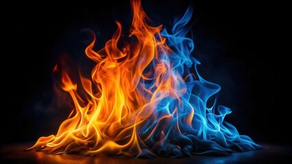 Fototapeta premium Abstract fiery inferno a mesmerizing dance of orange and blue flames against a stark black backdrop, creating a dramatic and vibrant visual spectacle