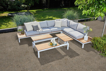 3D Render of Stylish Outdoor Lounge Area Featuring a L-Shaped Sofa, Wooden Coffee Tables, and Lush Greenery in a Backyard Setting