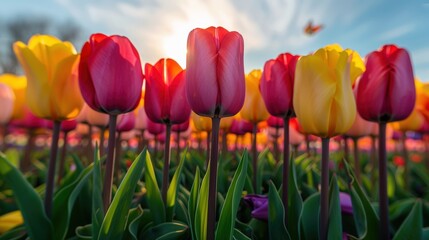 Vibrant tulip field in full bloom under a bright sky with sunlight creating a warm atmosphere
