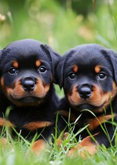 Two Rottweiler Puppies Resting Comfortably in Grassy Landscape