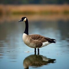 Obraz premium Majestic Canada goose on tranquil lake, reeds in background, clouds, sky, goose