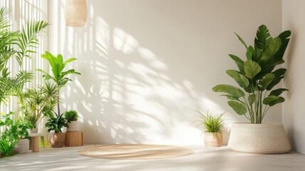 Minimalist interior with lush green plants in stylish pots, soft sunlight casting shadows on a neutral wall, creating a peaceful ambiance